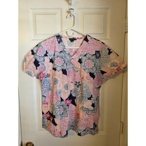Zoe‎ & Chloe Nursing Scrub Top Large Floral Flowers Pink Shirt Pockets Medical